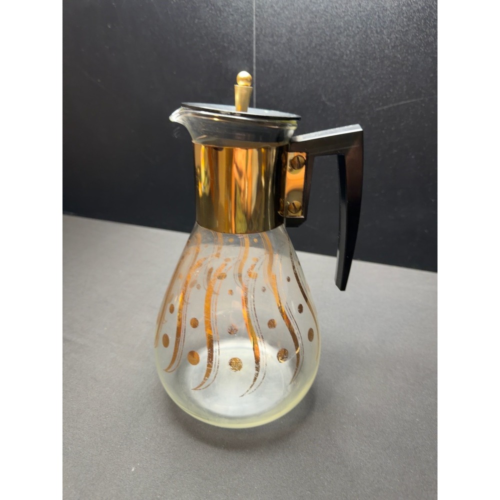 Vintage MCM Glass Coffee Carafe Gold Atomic Dot Pattern Lid Black Handle